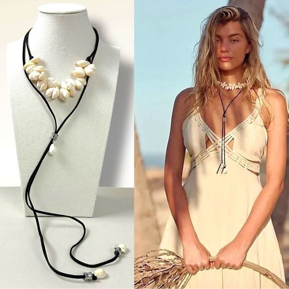 Free People Katie Leather Shell Choker NWT Layered Necklace Beach Bohemian Surf - Picture 3 of 16